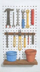 Explore the Essential Tools of a Well-Organized Workshop: An Artistic Representation of Work Items on a Pegboard with Buckets, Tools, and Vibrant Colors.