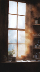 Embrace the Serenity of Light and Nature: A Tranquil Window Scene with Gentle Sunlight Illuminating a Cozy Interior Space