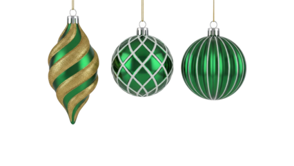 Three green and gold christmas ornaments hanging against a transparent background