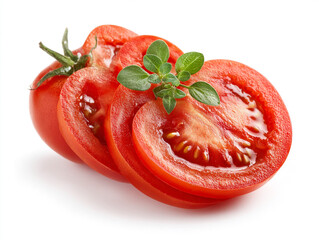 Juicy red tomato slices with seeds, organic fresh farm style, isolated on white background