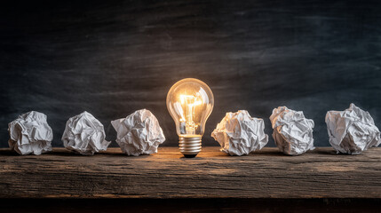 Bright idea moment with paper mistakes on wooden desk