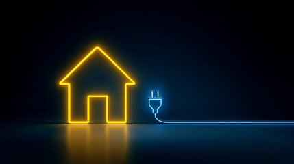 Electric power plug connected to neon house outline