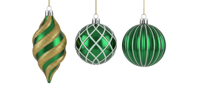Three green and gold christmas ornaments hanging against a transparent background - Powered by Adobe
