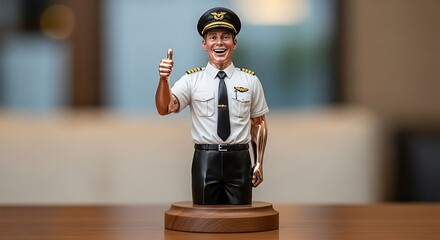 Realistic figurine of an airline pilot wearing a uniform and giving a thumbs up gesture
