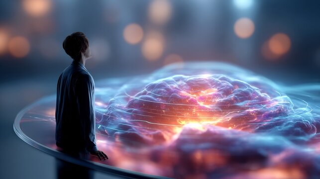 Human silhouette facing a glowing evolving AI core across glass desk, soft futuristic light, cinematic depth of field