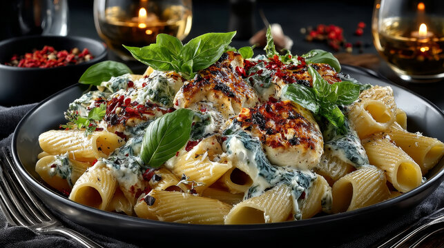 Plate of Italian Penne pasta topped with a formaggio creamy savory sauce and basil served in a white dish on a rustic wood table
