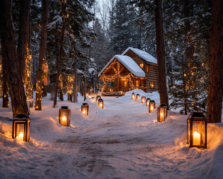 Lanterns on snowy pathway leading to festive cabin - Powered by Adobe