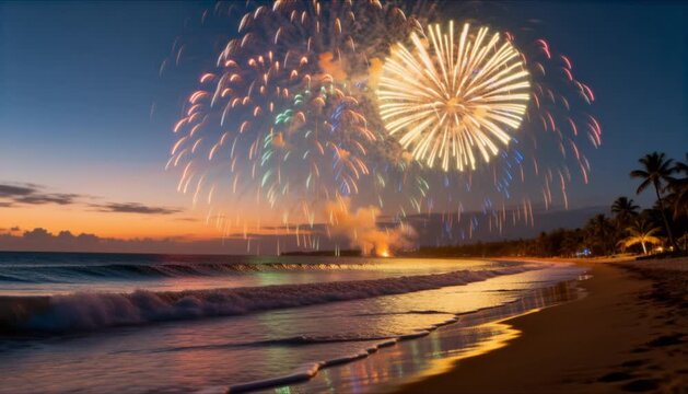 vibrant rainbow fireworks above beach shoreline waves catching reflections tropical non specific location perfect for new year and christmas
