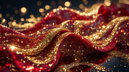Flowing Red and Gold Glitter Waves with Shimmering Luxury Light Background