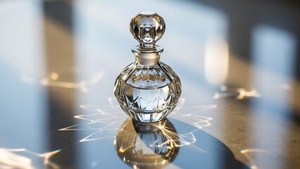 Elegant Crystal Perfume Bottle with Faceted Stopper on Reflective Surface
