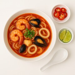 Professional studio food photo top view asian spicy seafood noodle soup in shallow white bowl slightly off center noodles and red broth filled with shrimp squid rings and herbs