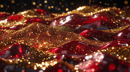 Flowing Red and Gold Glitter Waves with Shimmering Luxury Light Background