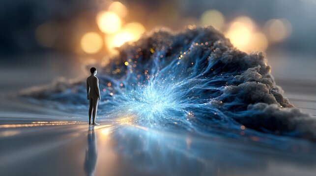 Human silhouette facing a glowing evolving AI core across glass desk, soft futuristic light, cinematic depth of field