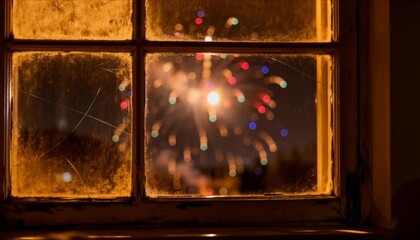 brilliant firework display viewed through old dusty window pane scratches texture nostalgia soft interior lighting perfect for new year and christmas