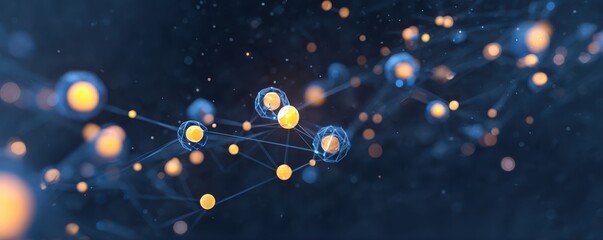 A vibrant, abstract depiction of interconnected spheres and lines, showcasing a futuristic digital network or molecular structure.
