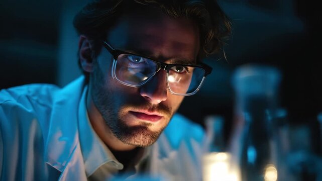 Young scientist conducts chemical experiment in laboratory during evening hours, focusing intently on his work with glassware and equipment