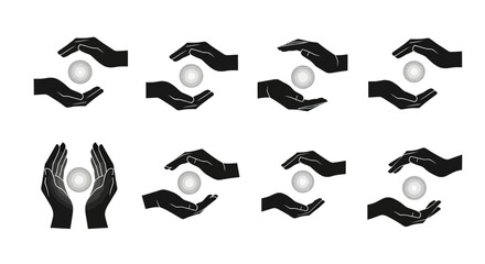 Diverse hand gestures cradling and protecting a glowing orb symbolizing care, security, and precious value in various artistic styles