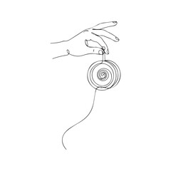 Obraz premium Hand Holding Yo-Yo Continuous Line Drawing. Minimalist single line art illustration of a classic skill toy, isolated on white background. 