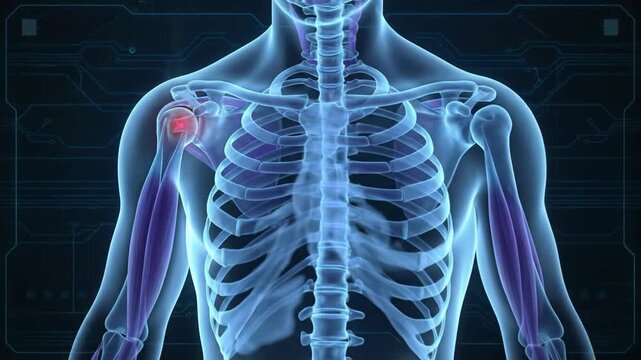 An animated X-ray of a shoulder with pain indicating a sports injury for illustrating sports injuries healing and rehabilitation processes.