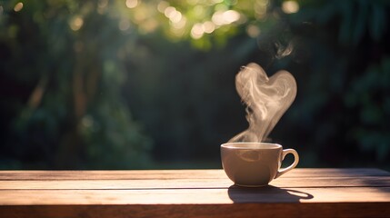Cozy morning coffee warmth heart steam sunlight nature minimalism peaceful lifestyle photography bliss