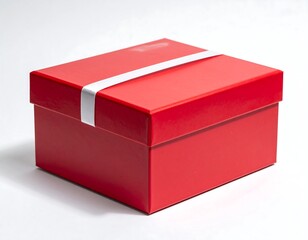 A square bright red gift box with a white ribbon, isolated on white