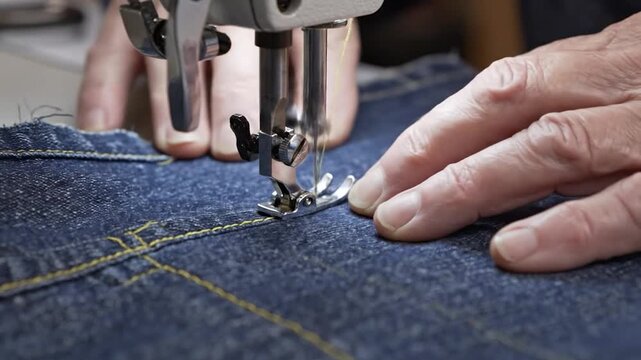 Close up view of sewing machine needle stitching blue denim fabric with yellow thread manufacturing clothing textile production detail - Powered by Adobe