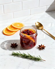 Glass Jar of Holiday Fruit Preserves with Orange Slices and Rosemary 