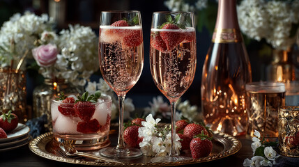 Delicious sparkling pink champagne with fresh strawberries served in stylish flutes for a romantic celebration or special occasion