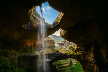 Enchanting waterfall cascading through layered rock formations inside a natural cave opening, revealing lush greenery and bright daylight beyond, showcasing dramatic geology and serene hidden landscap