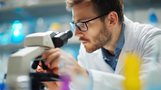 Scientist examining samples under a microscope in a laboratory filled with colorful glassware during working hours