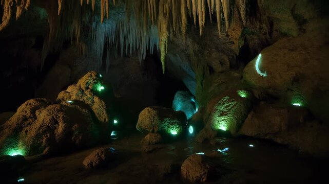 Mysterious glowing green lights illuminate a dark cave interior with stalactites and rocky formations.