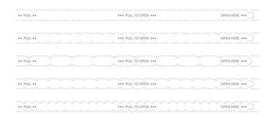 Fototapeta premium Perforated tear strips with border lines Collection, Various styles of tear strip dotted lines. Packaging design elements. Pull to open here