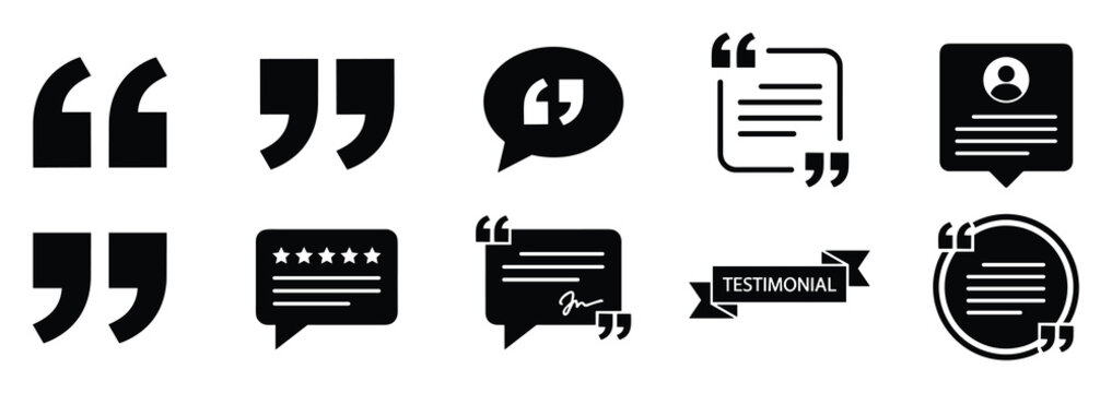 Various quote marks and chat bubbles. Document profile and testimonial ribbon. Speech bubble icons.