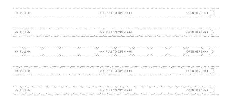 Perforated tear strips with border lines Collection, Various styles of tear strip dotted lines. Packaging design elements. Pull to open here
