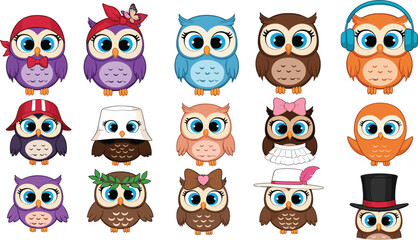 Fototapeta premium Cute cartoon owl character collection with colorful costumes, hats, accessories, expressive faces, and adorable decorative bird illustrations