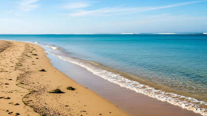 Fototapeta premium Serene beach with gentle waves and sandy shoreline