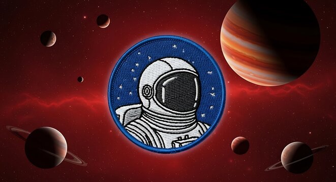 A space astronaut patch in a circular frame, against a backdrop of planets and a vibrant red nebula, showcases a captivating image of an embroidered astronaut figure.