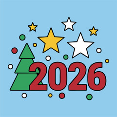 Colorful Christmas Stars and Trees with 2026 New Year Vector Illustration