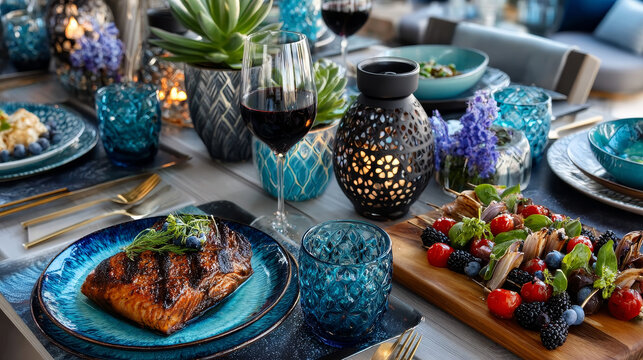 Overhead Well Laid summer table with colorful dish and plates and brazier on white background with vegan bbq skewers