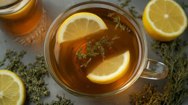 A clear glass cup of warm herbal tea with lemon slices and fresh herbs, surrounded by dried herbs and lemons on a light surface.
