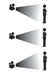 Bundle of isolated illustrations of stick figure silhouettes of camera angles from above, middle and below for photographic illustration images in shooting techniques.
