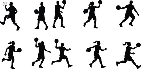 Basketball player silhouettes in dynamic action poses, dribbling and running with the ball, athletic movement illustrations for sports design, training, and motion concepts