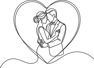 One line wedding couple illustration inside heart, romantic bride and groom embrace for love, marriage invitations, cad drawing vector illustration