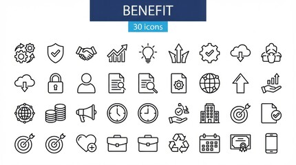 Collection of business, finance, and technology line icons on a clean white background