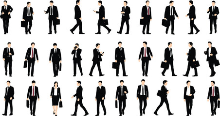 Business people walking vector set, professional office workers in formal suits, corporate employee illustrations, modern businessperson poses, executive character collection