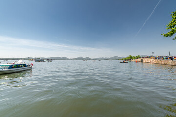 Landscape of West Lake xihu Hangzhou. Long Bridge and Leifeng Pagoda. Located in Hangzhou City, Zhejiang Province, China