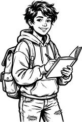 Cartoon illustration of a smiling boy with short messy hair, wearing a hoodie and jeans, carrying a backpack and holding a notebook, drawn with bold black outlines