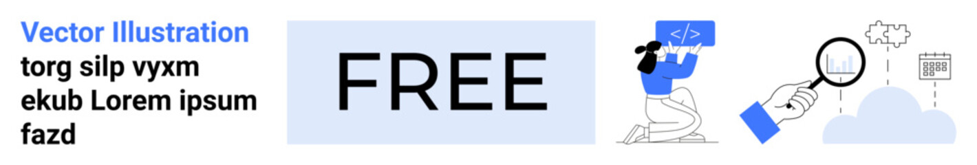 Software development, cloud storage, data analysis, free resources, innovation, creative tools. FREE text and icons programming, magnifying glass cloud. Software development and cloud storage