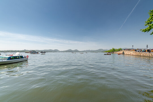Landscape of West Lake xihu Hangzhou. Long Bridge and Leifeng Pagoda. Located in Hangzhou City, Zhejiang Province, China