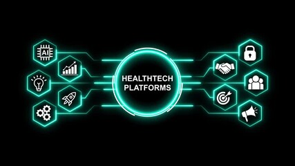 Healthtech Platforms Concept. Optimization of business and production processes. Virtual network connecting service with graphical icons in various. - Powered by Adobe